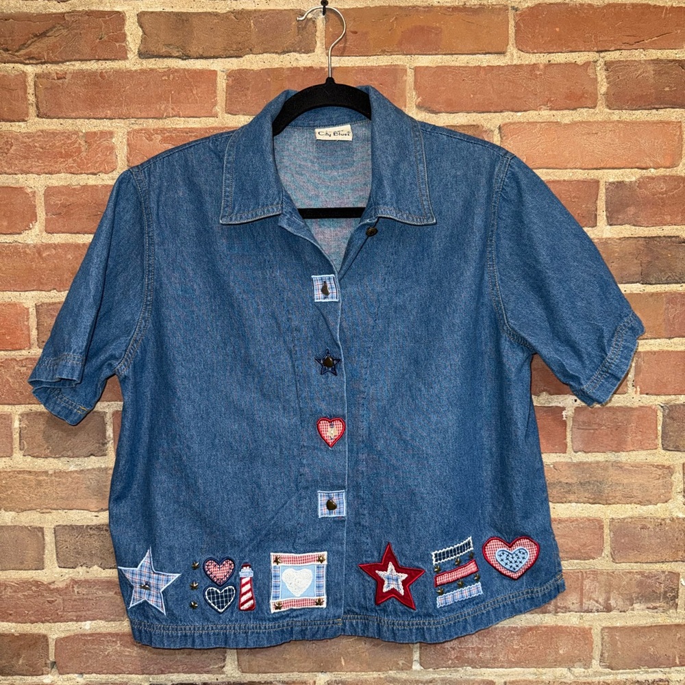 Denim Button Down Shirt with Heart and Star Patches‎